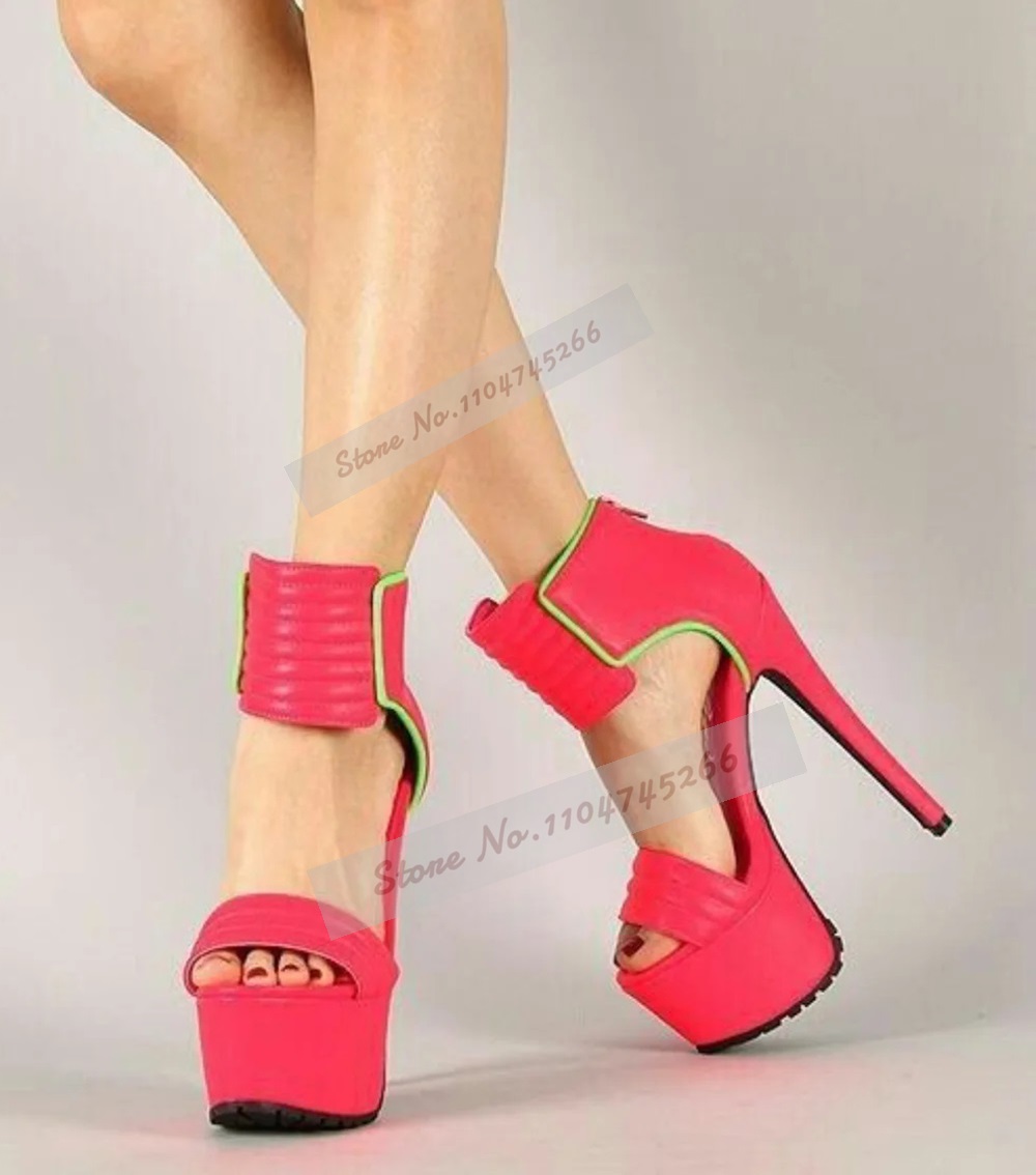 Wide Fit Heels - Gül Kırmızı Mat Deri Çizgili Yüksek