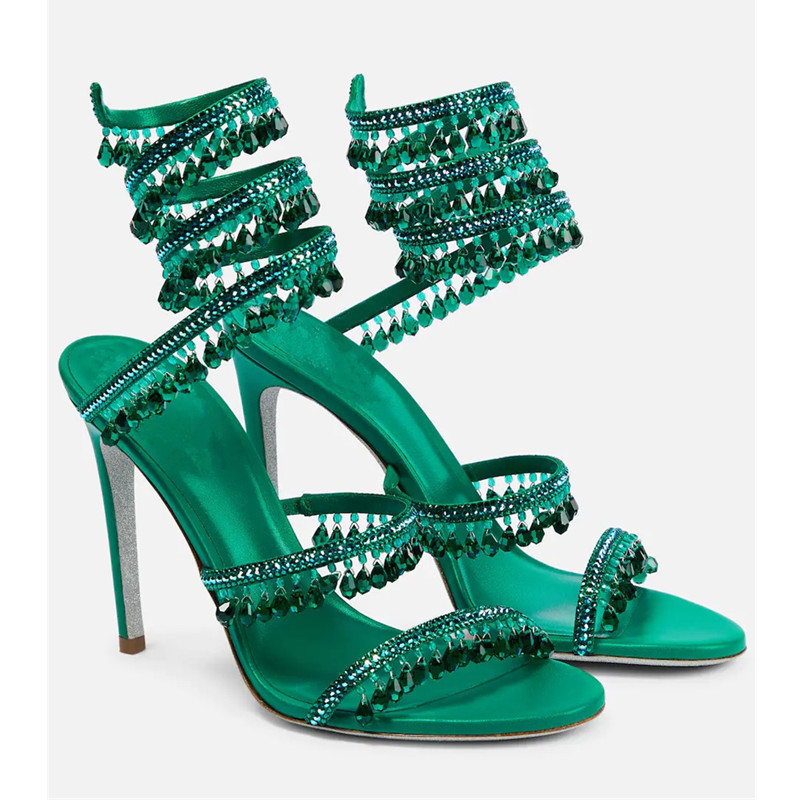 Rhinestone Sandal Women - Seksi Yeşil Kristal Saçaklı Stiletto Sandalet