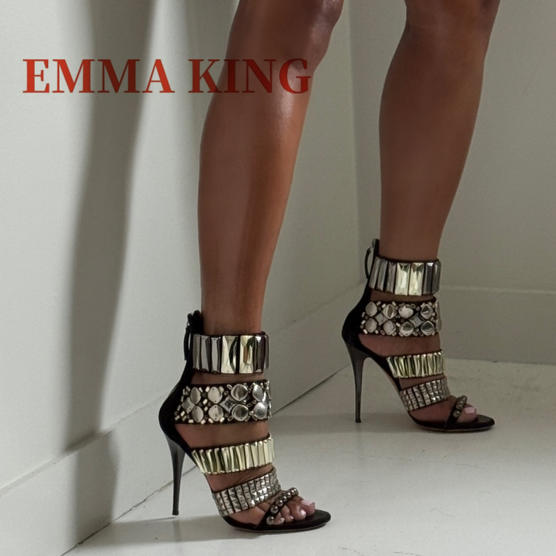 Rhinestone Sandal Women - Siyah Süslenmiş Ayak Bileği Kayışı Sandalet