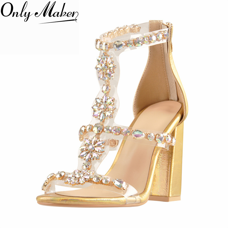 Clear Strap Heel - Onlymaker Kadın Altın Taklidi Gladyatör Sandalet