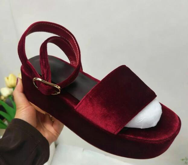 Wedge Heeled Sneaker - Bordo Kadife Yuvarlak Burnu Açık Kalın