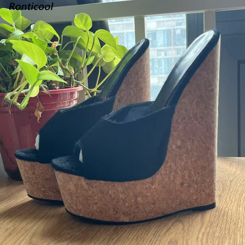 Cork Wedge Sandal - Ronticool El Yapımı Kadın Siyah At