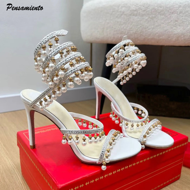 Rhinestone Sandal Women - Lüks Rhinestones İnciler Püsküller Kadın Gladyatör