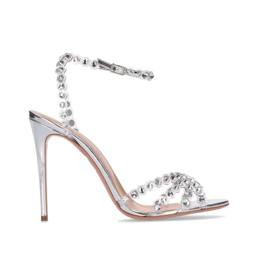 Rhinestone Sandal Women - Sosyetik Büyük Beden Gümüş Topuklu Jöle