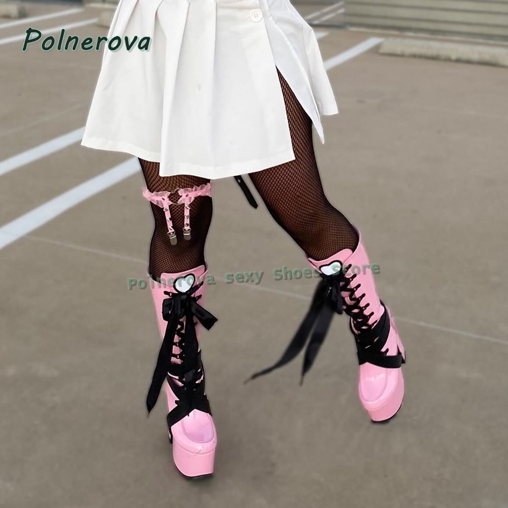 Wedge Heeled Sneaker - Kadın Pembe Platform Diz Üstü Çizmeler